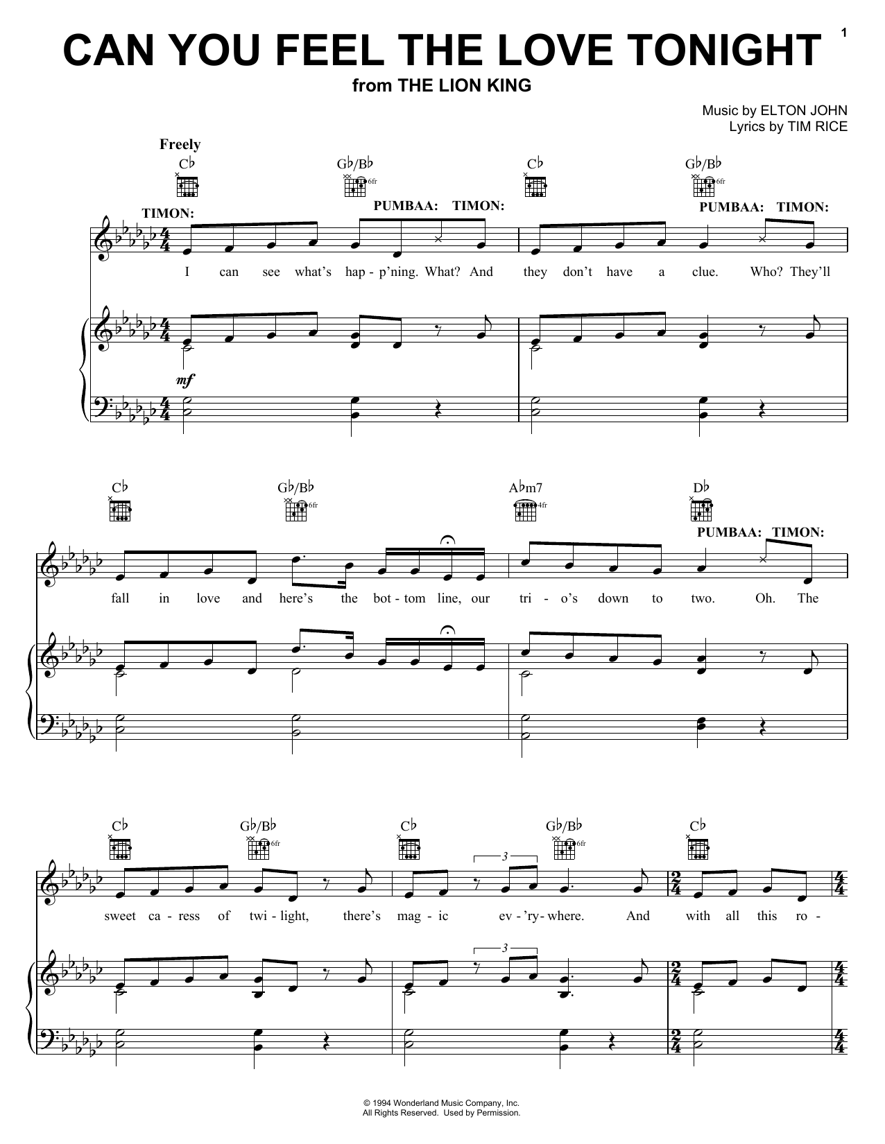 Elton John Can You Feel The Love Tonight (from The Lion King: Broadway Musical) sheet music preview music notes and score for Easy Piano including 8 page(s)