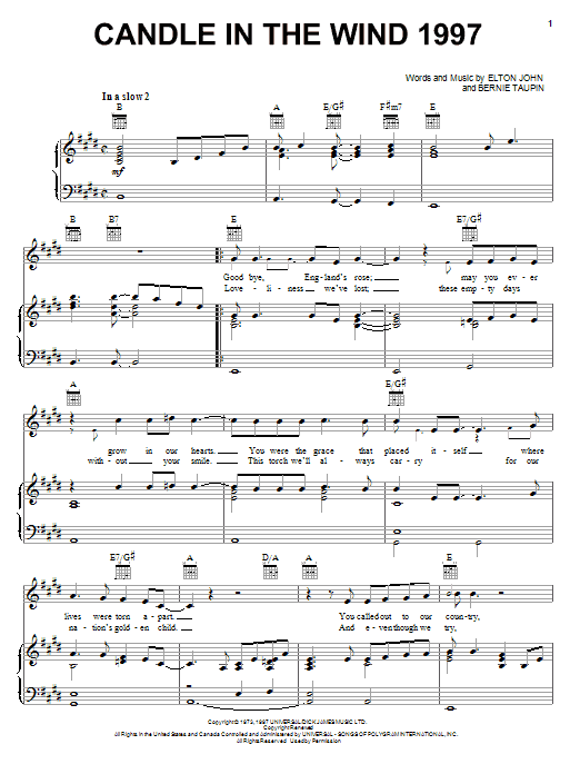 Learn to play Elton John Candle In The Wind 1997 sheet music for Piano, Vocal & Guitar (Right-Hand Melody) in minutes. Elton John Candle In The Wind 1997 sheet music preview music notes and score for Piano, Vocal & Guitar (Right-Hand Melody) including 5 page(s)