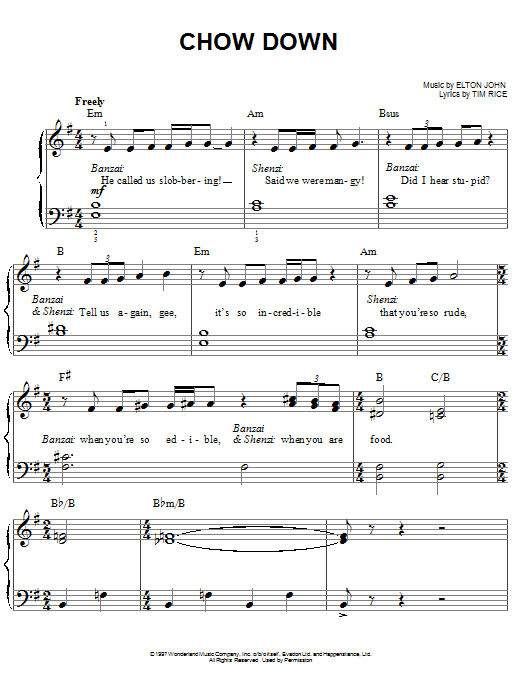 Learn to play Elton John Chow Down sheet music for Easy Piano in minutes. Elton John Chow Down sheet music preview music notes and score for Easy Piano including 6 page(s)