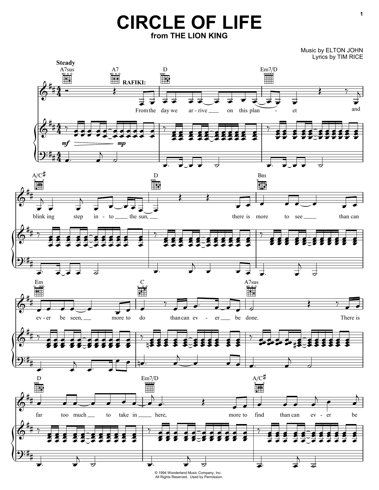 Learn to play Elton John Circle Of Life sheet music for Piano, Vocal & Guitar (Right-Hand Melody) in minutes. Elton John Circle Of Life sheet music notes and chords
