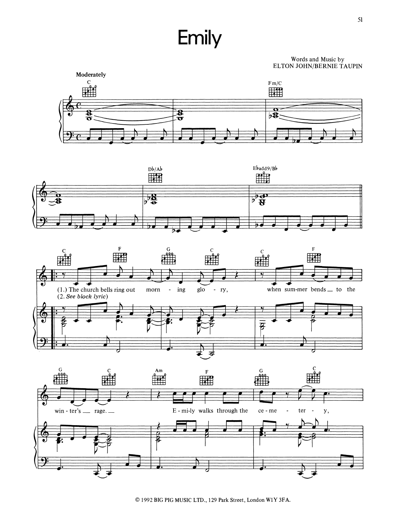 Learn to play Elton John Emily sheet music for Piano, Vocal & Guitar (Right-Hand Melody) in minutes. Elton John Emily sheet music preview music notes and score for Piano, Vocal & Guitar (Right-Hand Melody) including 4 page(s)