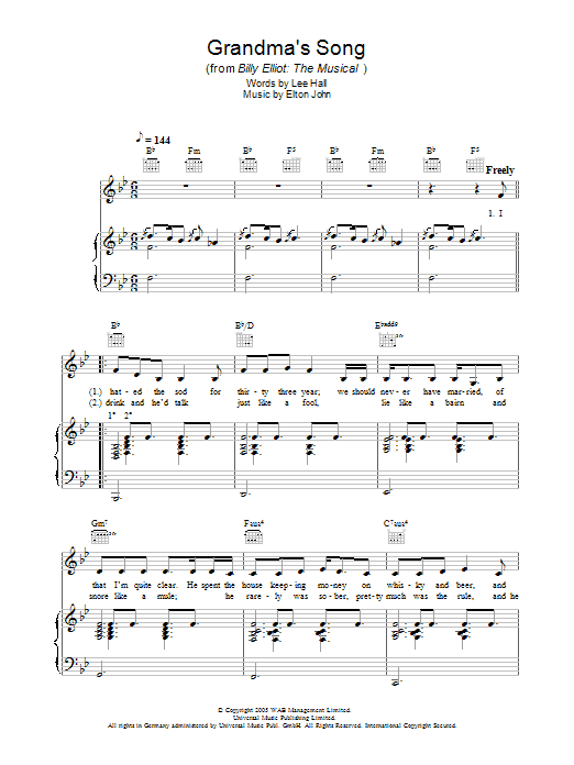 Elton John Grandma's Song (from Billy Elliot: The Musical) sheet music preview music notes and score for Piano, Vocal & Guitar (Right-Hand Melody) including 6 page(s)