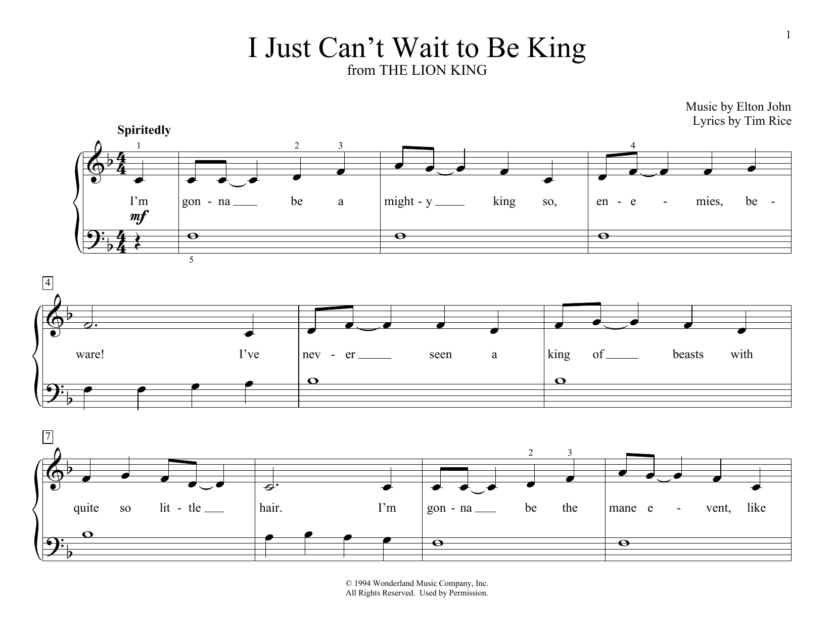 Learn to play Elton John I Just Can't Wait To Be King (from The Lion King) (arr. Christopher Hussey) sheet music for Educational Piano in minutes. Elton John I Just Can't Wait To Be King (from The Lion King) (arr. Christopher Hussey) sheet music preview music notes and score for Educational Piano including 2 page(s)