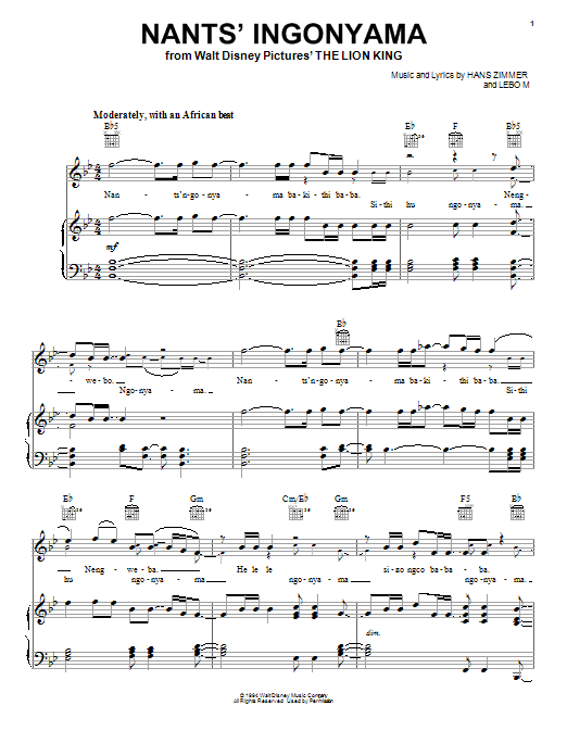 Learn to play Elton John Nants' Ingonyama sheet music for Piano, Vocal & Guitar (Right-Hand Melody) in minutes. Elton John Nants' Ingonyama sheet music preview music notes and score for Piano, Vocal & Guitar (Right-Hand Melody) including 2 page(s)