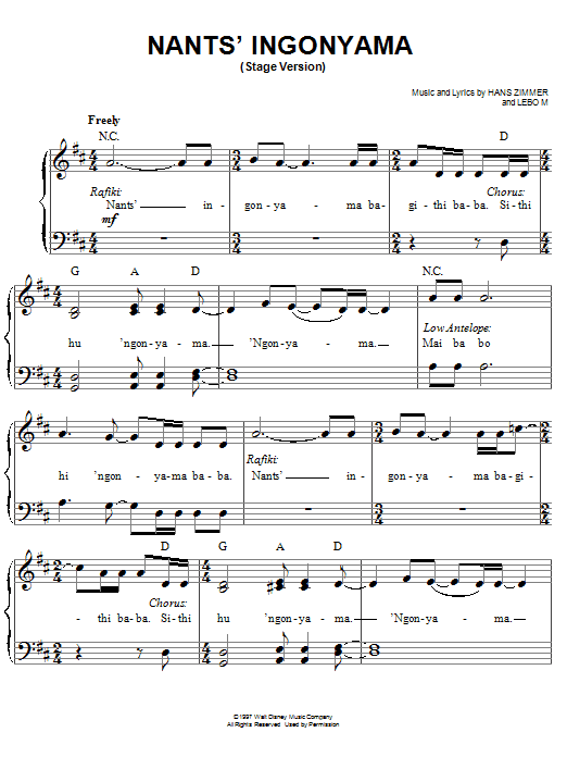 Learn to play Elton John Nants' Ingonyama (Stage Version) sheet music for Easy Piano in minutes. Elton John Nants' Ingonyama (Stage Version) sheet music preview music notes and score for Easy Piano including 3 page(s)