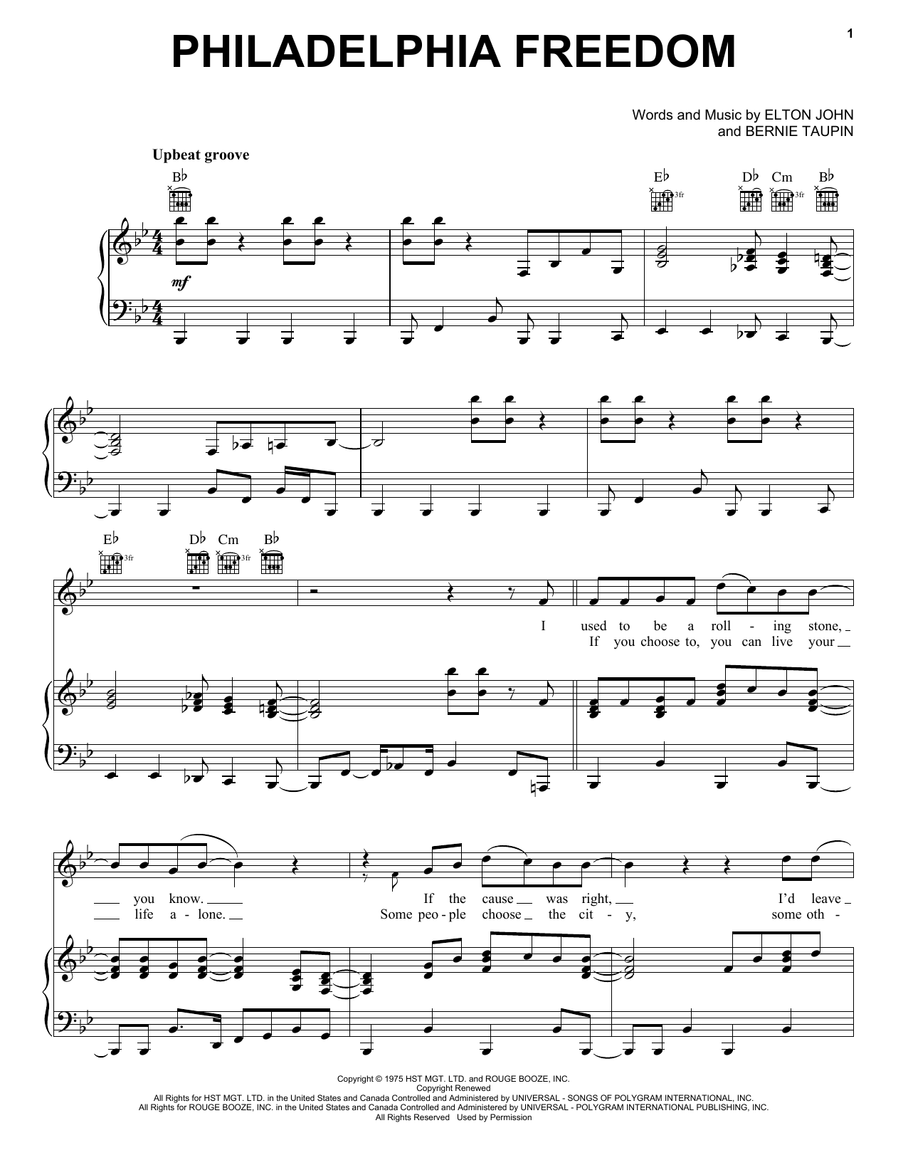 Elton John Philadelphia Freedom sheet music preview music notes and score for Piano, Vocal & Guitar including 7 page(s)