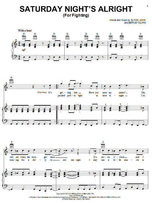 Learn to play Elton John Saturday Night's Alright (For Fighting) sheet music for Piano, Vocal & Guitar in minutes. Elton John Saturday Night's Alright (For Fighting) sheet music notes and chords