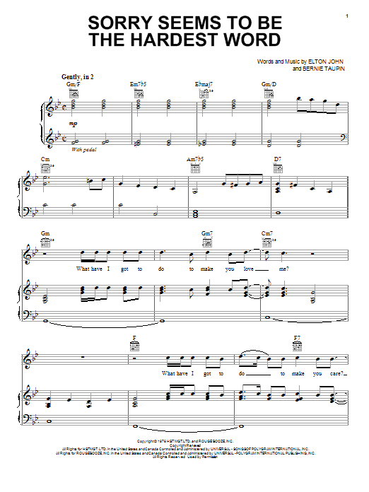 Learn to play Elton John Sorry Seems To Be The Hardest Word sheet music for Piano, Vocal & Guitar (Right-Hand Melody) in minutes. Elton John Sorry Seems To Be The Hardest Word sheet music notes and chords