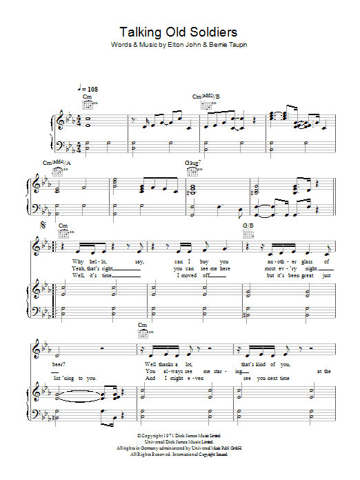 Learn to play Elton John Talking Old Soldiers sheet music for Piano, Vocal & Guitar in minutes. Elton John Talking Old Soldiers sheet music preview music notes and score for Piano, Vocal & Guitar including 4 page(s)