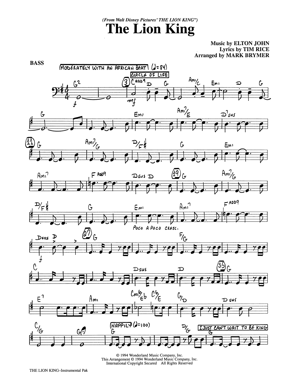 Learn to play Elton John The Lion King (Medley) (arr. Mark Brymer) - Bass sheet music for Choir Instrumental Pak in minutes. Elton John The Lion King (Medley) (arr. Mark Brymer) - Bass sheet music preview music notes and score for Choir Instrumental Pak including 4 page(s)