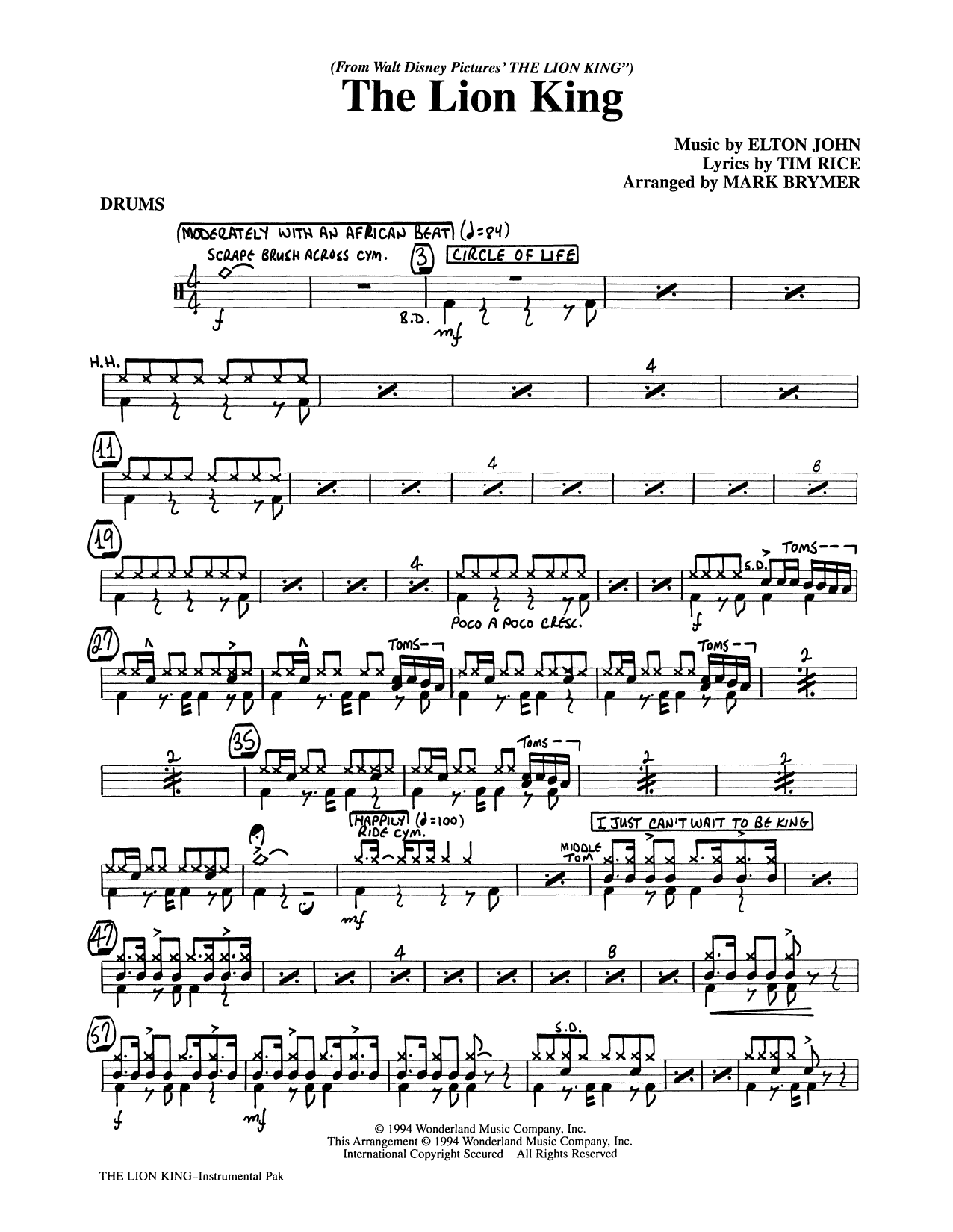 Learn to play Elton John The Lion King (Medley) (arr. Mark Brymer) - Drums sheet music for Choir Instrumental Pak in minutes. Elton John The Lion King (Medley) (arr. Mark Brymer) - Drums sheet music preview music notes and score for Choir Instrumental Pak including 3 page(s)