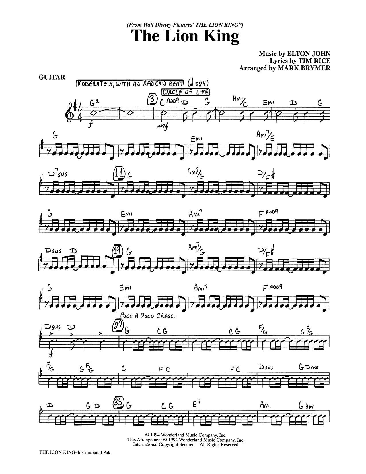 Learn to play Elton John The Lion King (Medley) (arr. Mark Brymer) - Guitar sheet music for Choir Instrumental Pak in minutes. Elton John The Lion King (Medley) (arr. Mark Brymer) - Guitar sheet music preview music notes and score for Choir Instrumental Pak including 4 page(s)