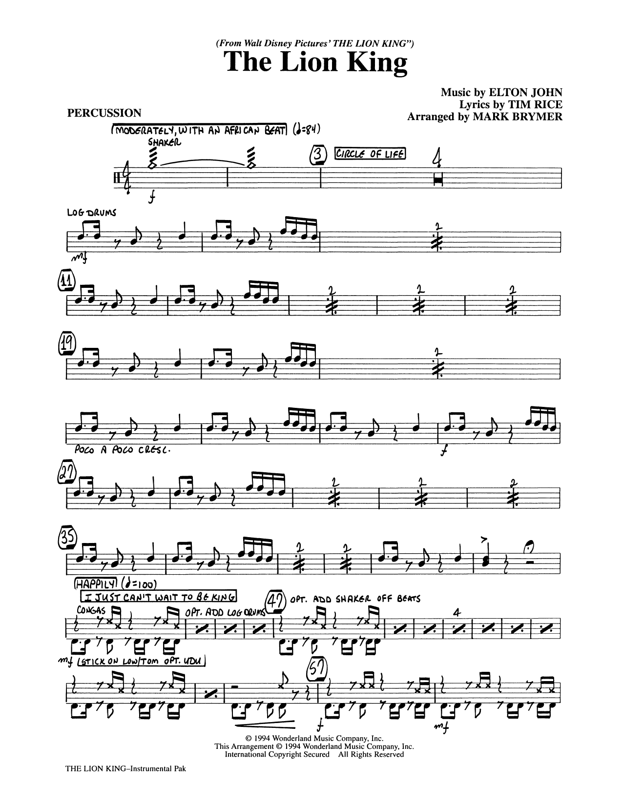 Learn to play Elton John The Lion King (Medley) (arr. Mark Brymer) - Percussion sheet music for Choir Instrumental Pak in minutes. Elton John The Lion King (Medley) (arr. Mark Brymer) - Percussion sheet music preview music notes and score for Choir Instrumental Pak including 3 page(s)
