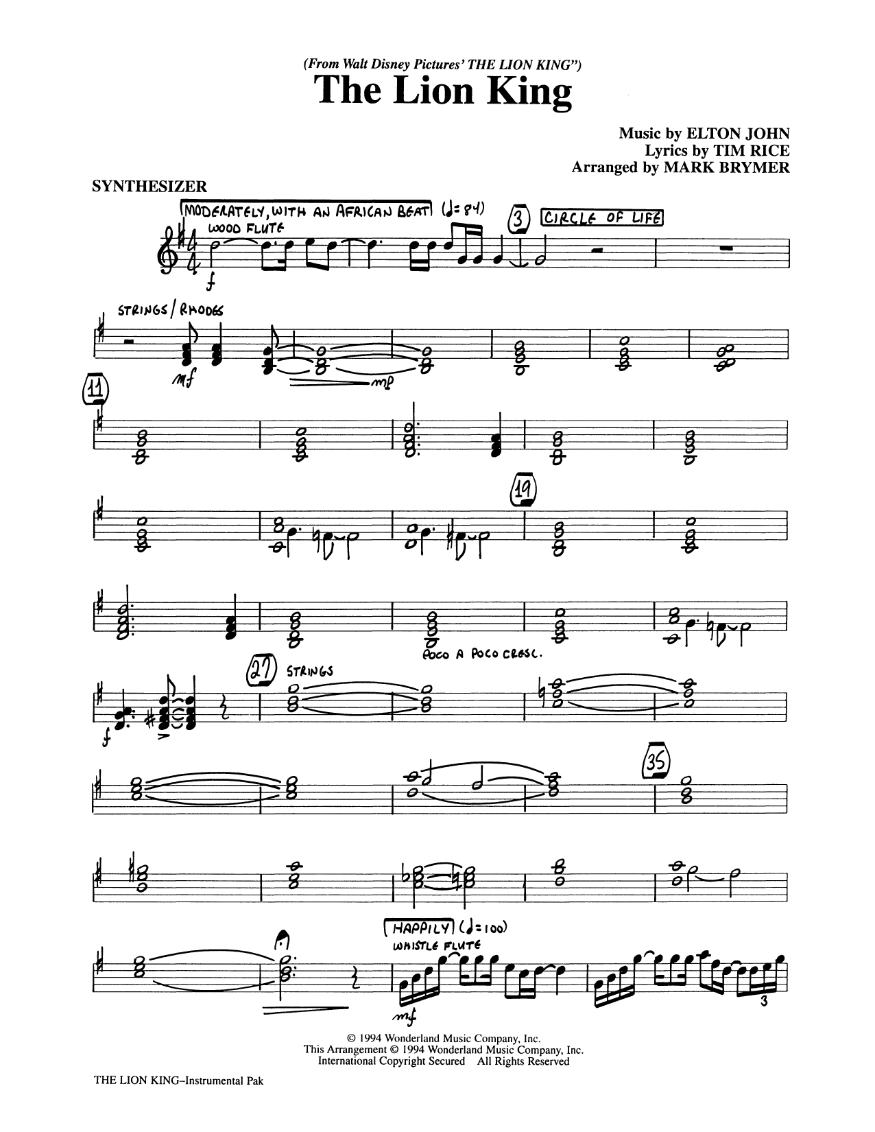 Learn to play Elton John The Lion King (Medley) (arr. Mark Brymer) - Synthesizer sheet music for Choir Instrumental Pak in minutes. Elton John The Lion King (Medley) (arr. Mark Brymer) - Synthesizer sheet music preview music notes and score for Choir Instrumental Pak including 4 page(s)