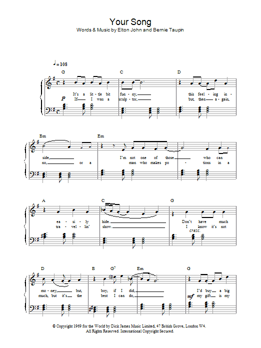 Learn to play Elton John Your Song sheet music for Easy Guitar Tab in minutes. Elton John Your Song sheet music preview music notes and score for Easy Guitar Tab including 3 page(s)
