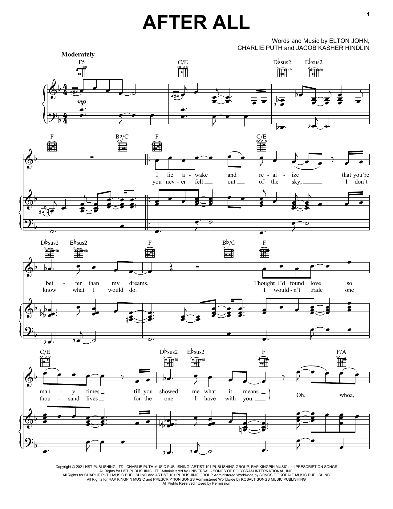 Learn to play Elton John & Charlie Puth After All sheet music for Piano, Vocal & Guitar (Right-Hand Melody) in minutes. Elton John & Charlie Puth After All sheet music preview music notes and score for Piano, Vocal & Guitar (Right-Hand Melody) including 4 page(s)