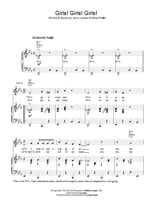 Elvis Presley Girls! Girls! Girls! sheet music, chords, lyrics - Printable PDF for Easy Guitar