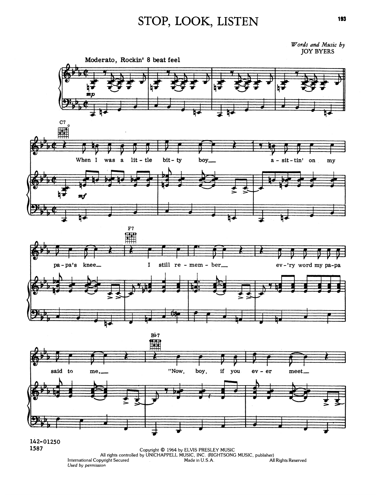 Elvis Presley Stop, Look, Listen sheet music, chords, lyrics - Printable PDF for Piano, Vocal & Guitar Chords (Right-Hand Melody)
