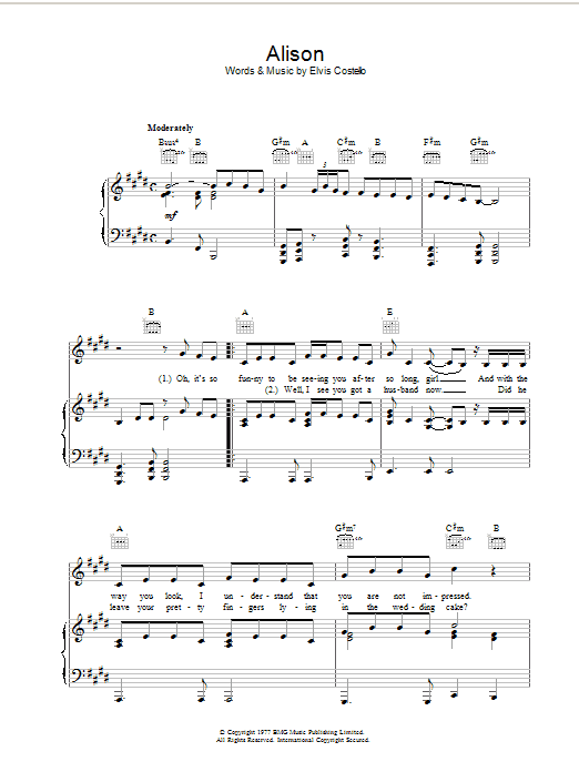 Elvis Costello Alison sheet music preview music notes and score for Piano, Vocal & Guitar (Right-Hand Melody) including 4 page(s)