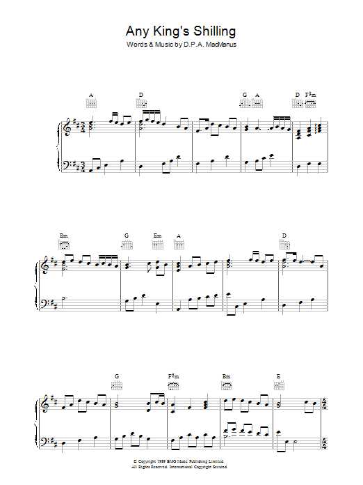 Learn to play Elvis Costello Any King's Shilling sheet music for Piano, Vocal & Guitar (Right-Hand Melody) in minutes. Elvis Costello Any King's Shilling sheet music preview music notes and score for Piano, Vocal & Guitar (Right-Hand Melody) including 4 page(s)