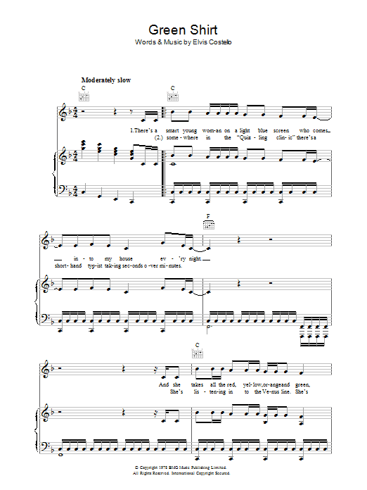 Learn to play Elvis Costello Green Shirt sheet music for Piano, Vocal & Guitar (Right-Hand Melody) in minutes. Elvis Costello Green Shirt sheet music preview music notes and score for Piano, Vocal & Guitar (Right-Hand Melody) including 7 page(s)