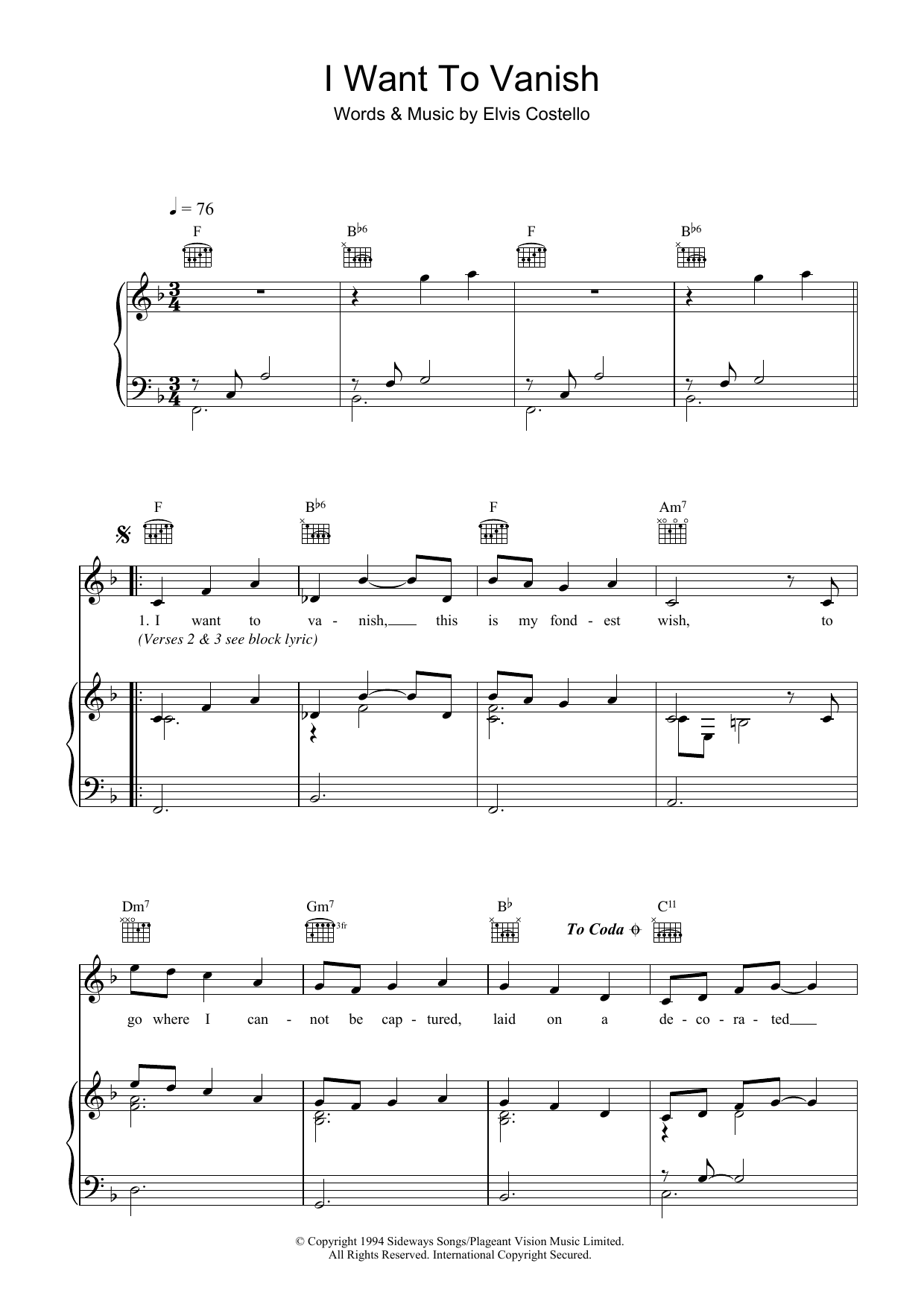 Elvis Costello I Want To Vanish sheet music preview music notes and score for Piano, Vocal & Guitar (Right-Hand Melody) including 3 page(s)