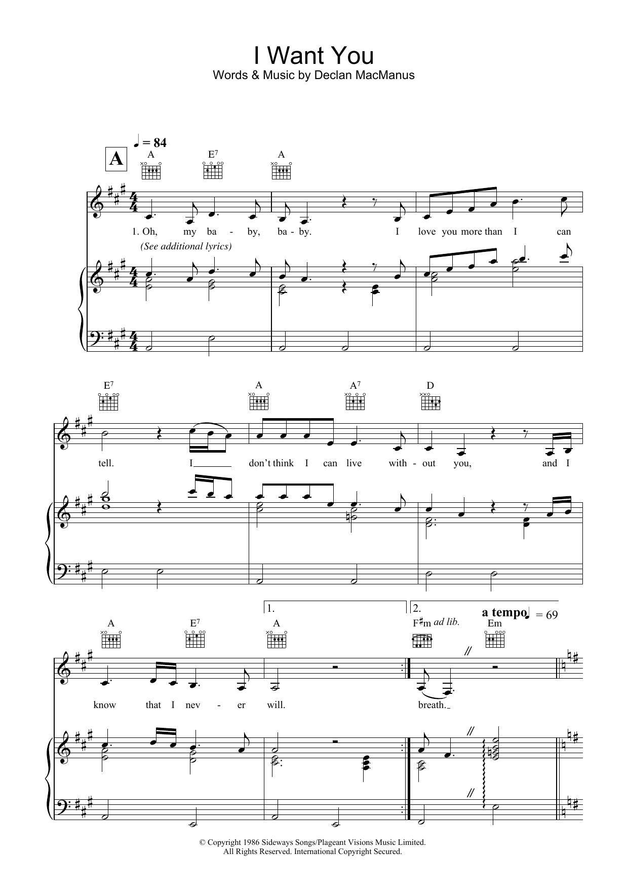 Elvis Costello I Want You sheet music preview music notes and score for Piano, Vocal & Guitar (Right-Hand Melody) including 7 page(s)