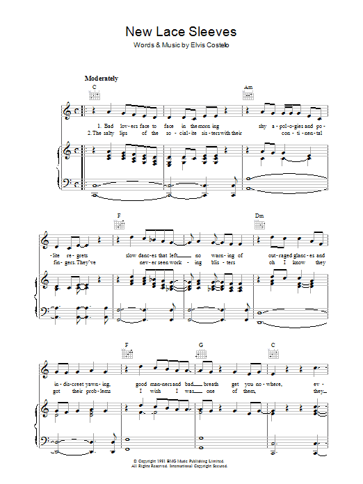 Learn to play Elvis Costello New Lace Sleeves sheet music for Piano, Vocal & Guitar (Right-Hand Melody) in minutes. Elvis Costello New Lace Sleeves sheet music preview music notes and score for Piano, Vocal & Guitar (Right-Hand Melody) including 4 page(s)