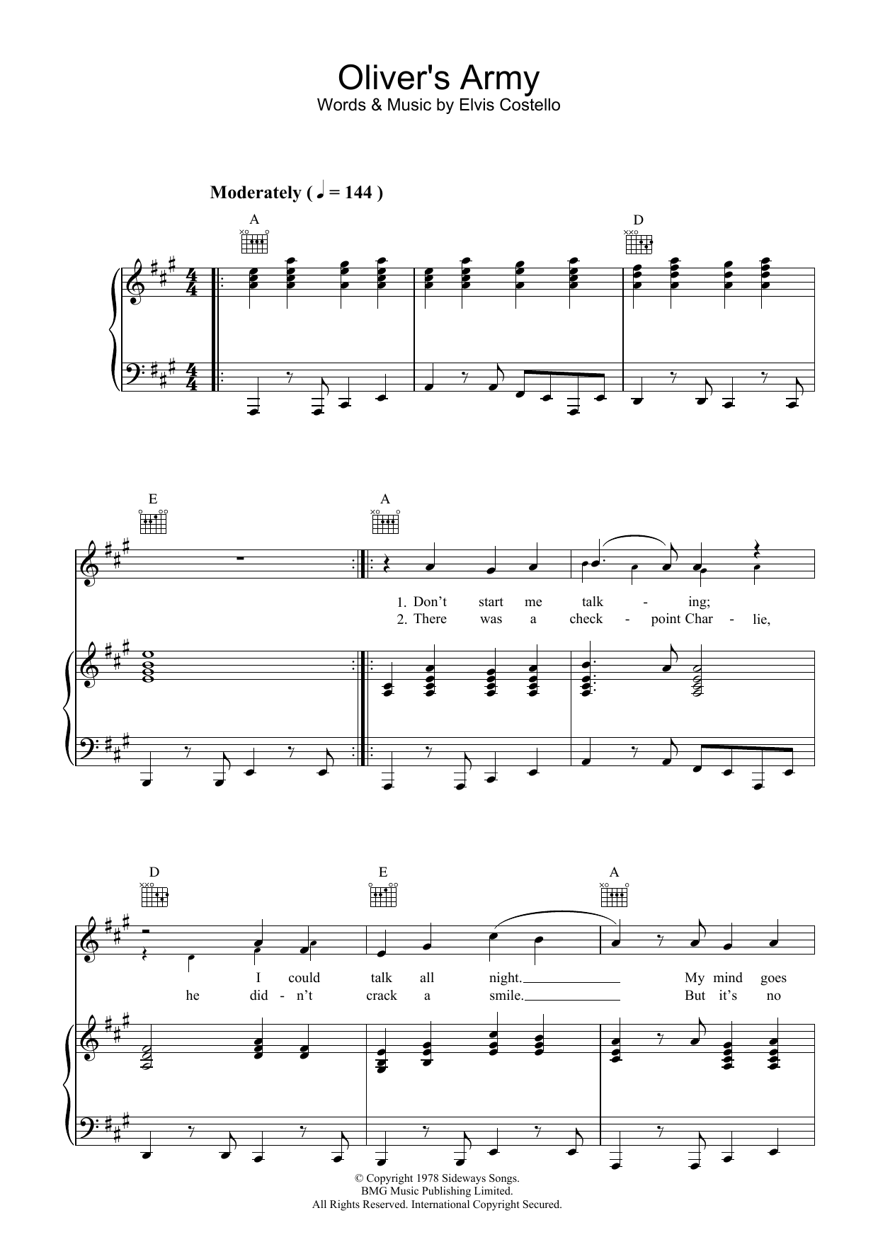Elvis Costello Oliver's Army sheet music preview music notes and score for Piano, Vocal & Guitar (Right-Hand Melody) including 6 page(s)