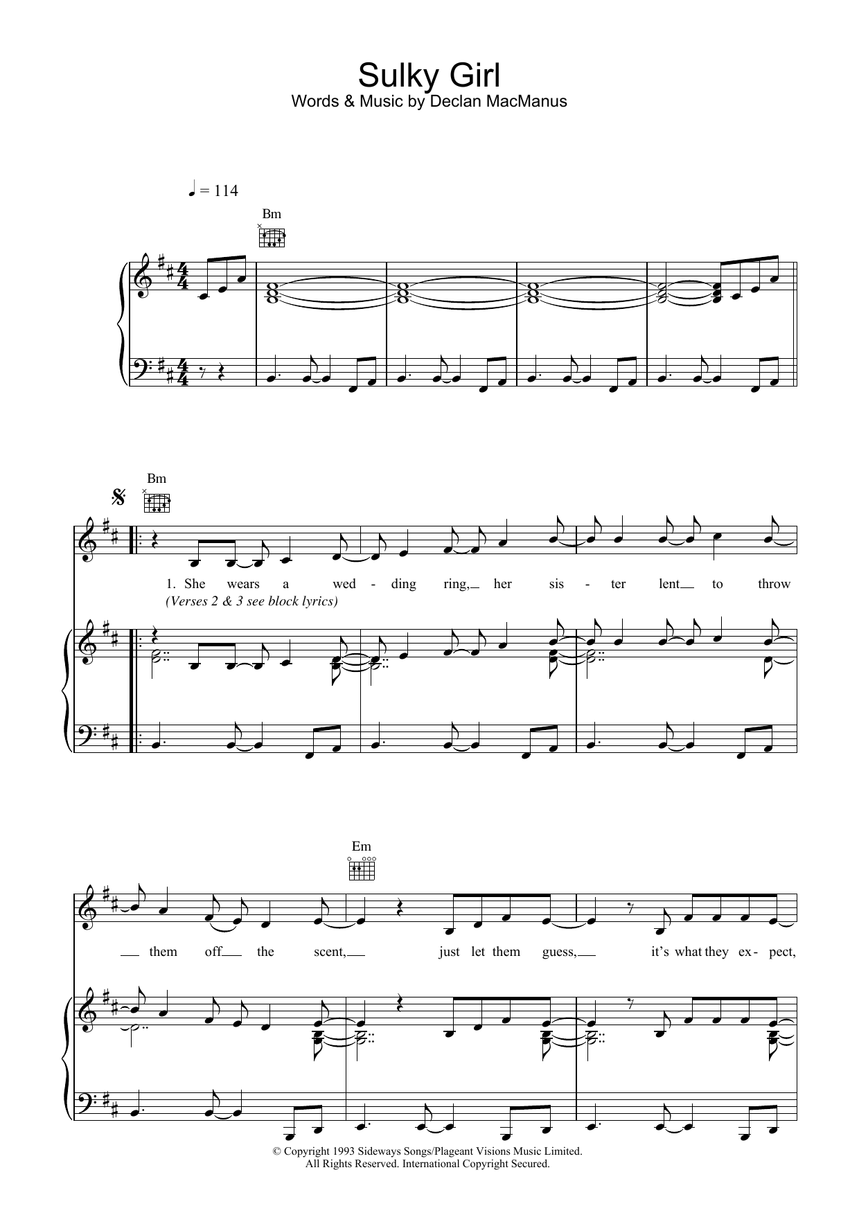 Elvis Costello Sulky Girl sheet music preview music notes and score for Piano, Vocal & Guitar (Right-Hand Melody) including 9 page(s)