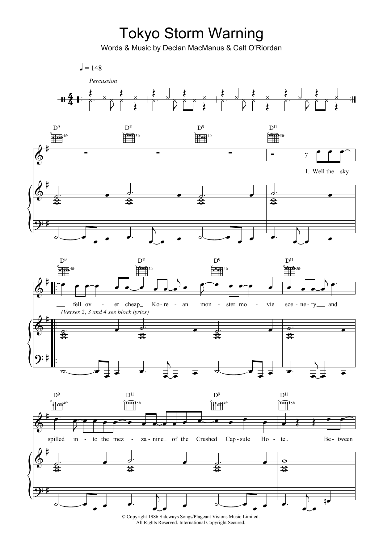 Learn to play Elvis Costello Tokyo Storm Warning sheet music for Piano, Vocal & Guitar in minutes. Elvis Costello Tokyo Storm Warning sheet music preview music notes and score for Piano, Vocal & Guitar including 10 page(s)