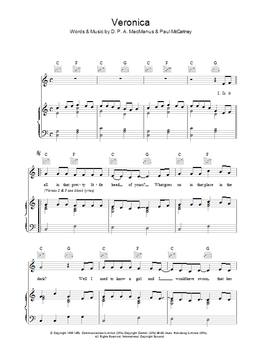 Elvis Costello Veronica sheet music preview music notes and score for Piano, Vocal & Guitar (Right-Hand Melody) including 7 page(s)