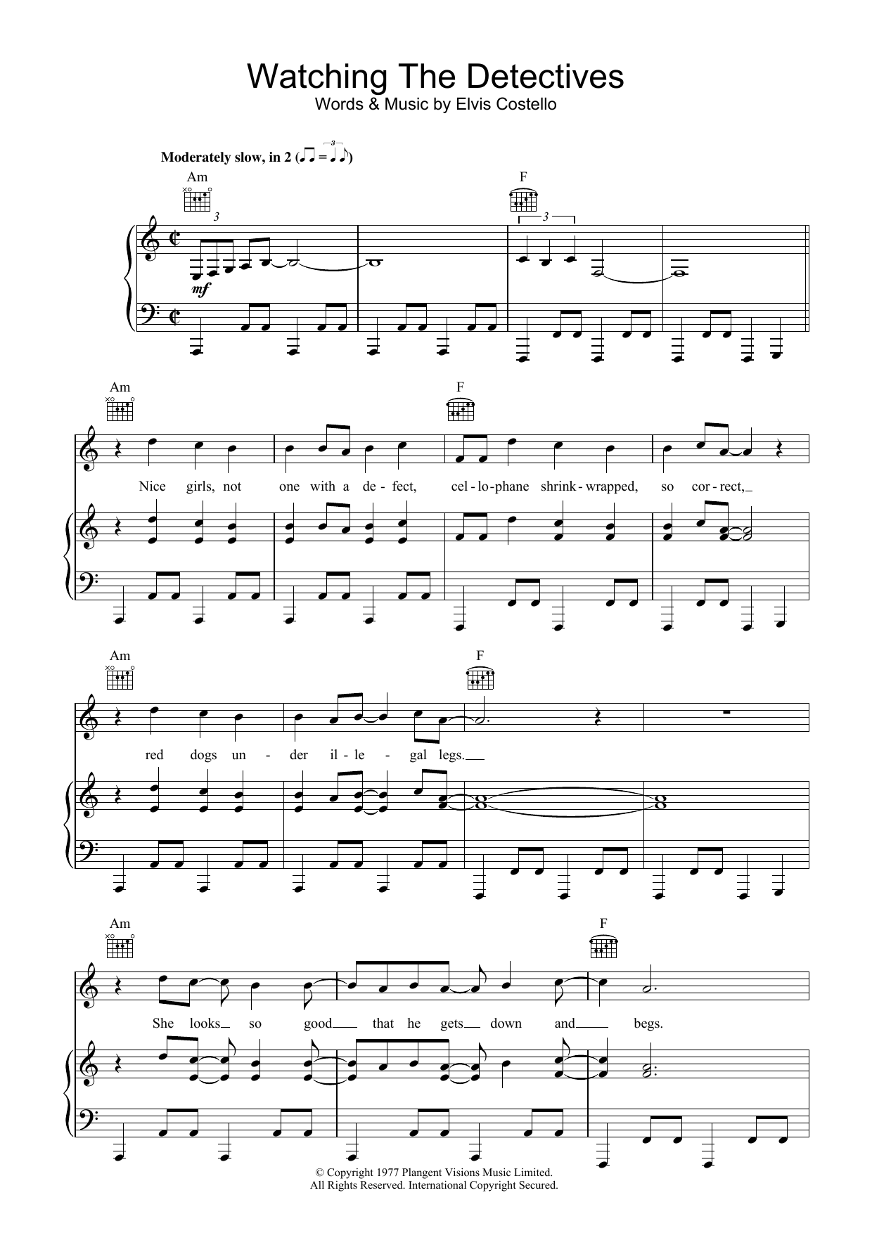 Elvis Costello Watching The Detectives sheet music preview music notes and score for Piano, Vocal & Guitar (Right-Hand Melody) including 8 page(s)