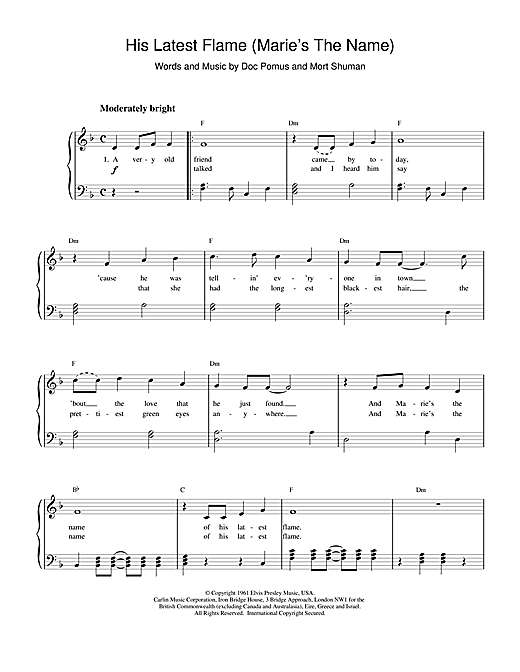 Learn to play Elvis Presley (Marie's The Name) His Latest Flame sheet music for Piano, Vocal & Guitar (Right-Hand Melody) in minutes. Elvis Presley (Marie's The Name) His Latest Flame sheet music notes and chords