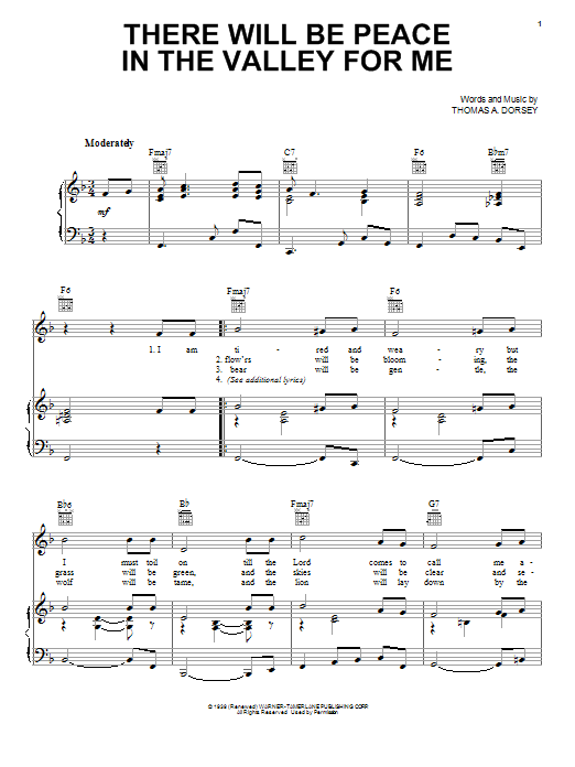 Learn to play Elvis Presley (There'll Be) Peace In The Valley (For Me) sheet music for Piano, Vocal & Guitar (Right-Hand Melody) in minutes. Elvis Presley (There'll Be) Peace In The Valley (For Me) sheet music notes and chords