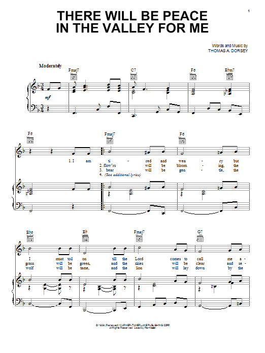 Elvis Presley (There'll Be) Peace In The Valley (For Me) sheet music preview music notes and score for Piano, Vocal & Guitar (Right-Hand Melody) including 3 page(s)