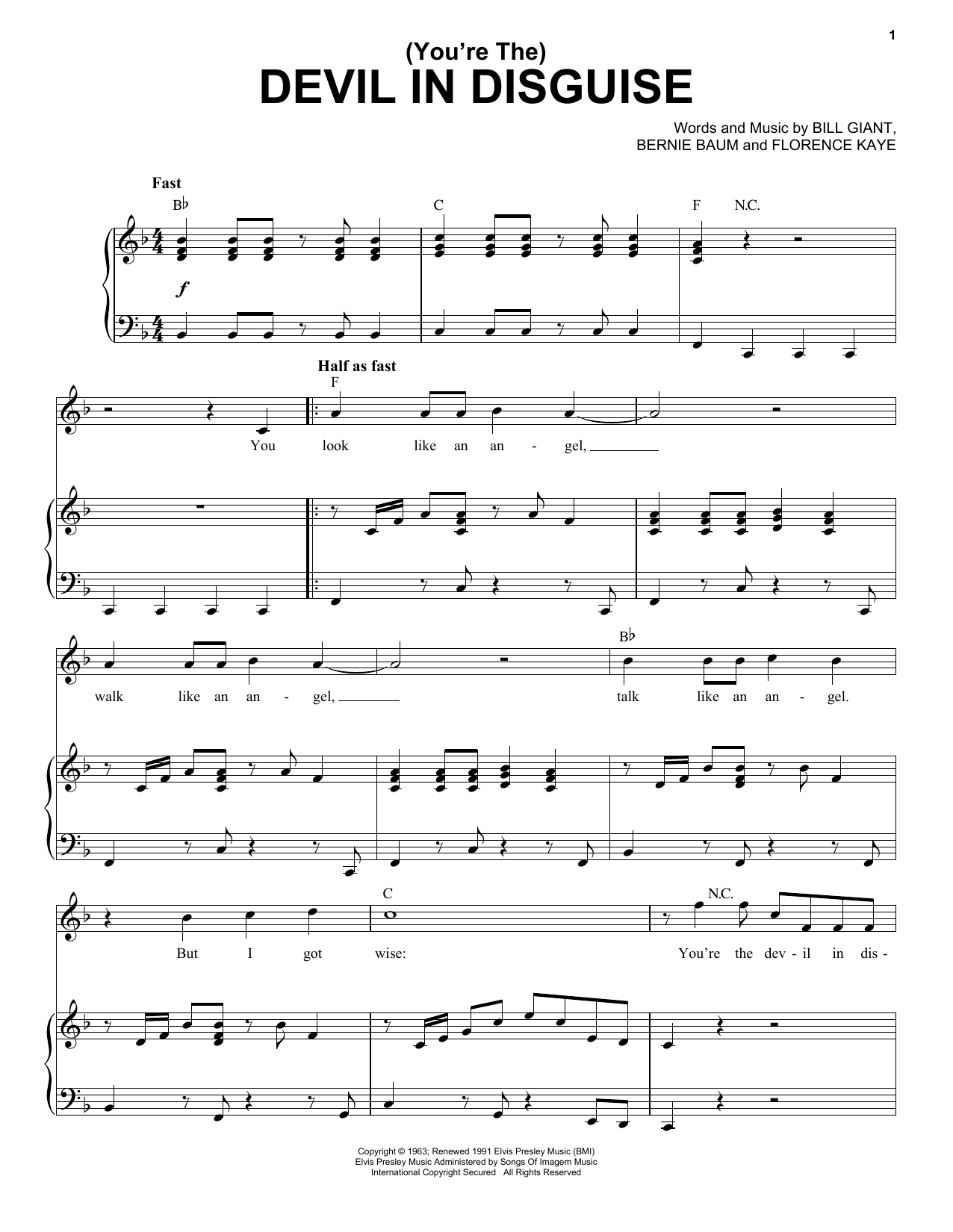 Learn to play Elvis Presley (You're The) Devil In Disguise sheet music for Piano, Vocal & Guitar in minutes. Elvis Presley (You're The) Devil In Disguise sheet music notes and chords