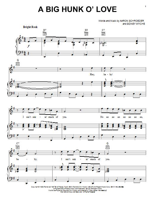 Elvis Presley A Big Hunk O' Love sheet music preview music notes and score for Piano, Vocal & Guitar (Right-Hand Melody) including 4 page(s)