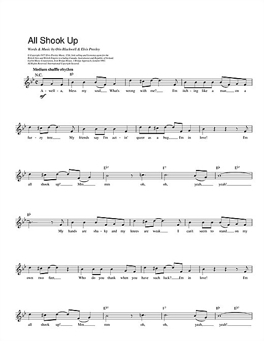 Elvis Presley All Shook Up sheet music preview music notes and score for Piano, Vocal & Guitar (Right-Hand Melody) including 5 page(s)
