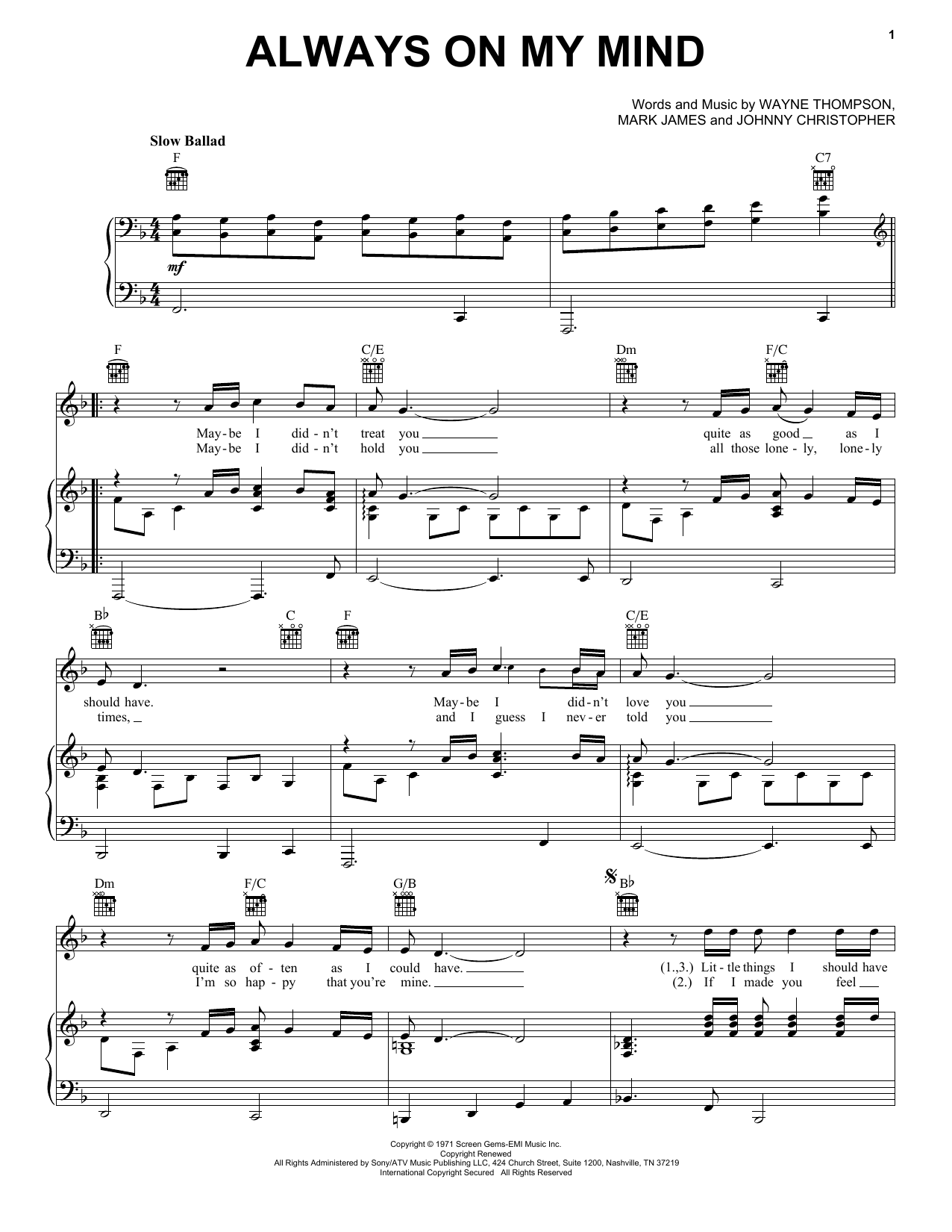 Elvis Presley Always On My Mind sheet music preview music notes and score for Piano, Vocal & Guitar (Right-Hand Melody) including 3 page(s)
