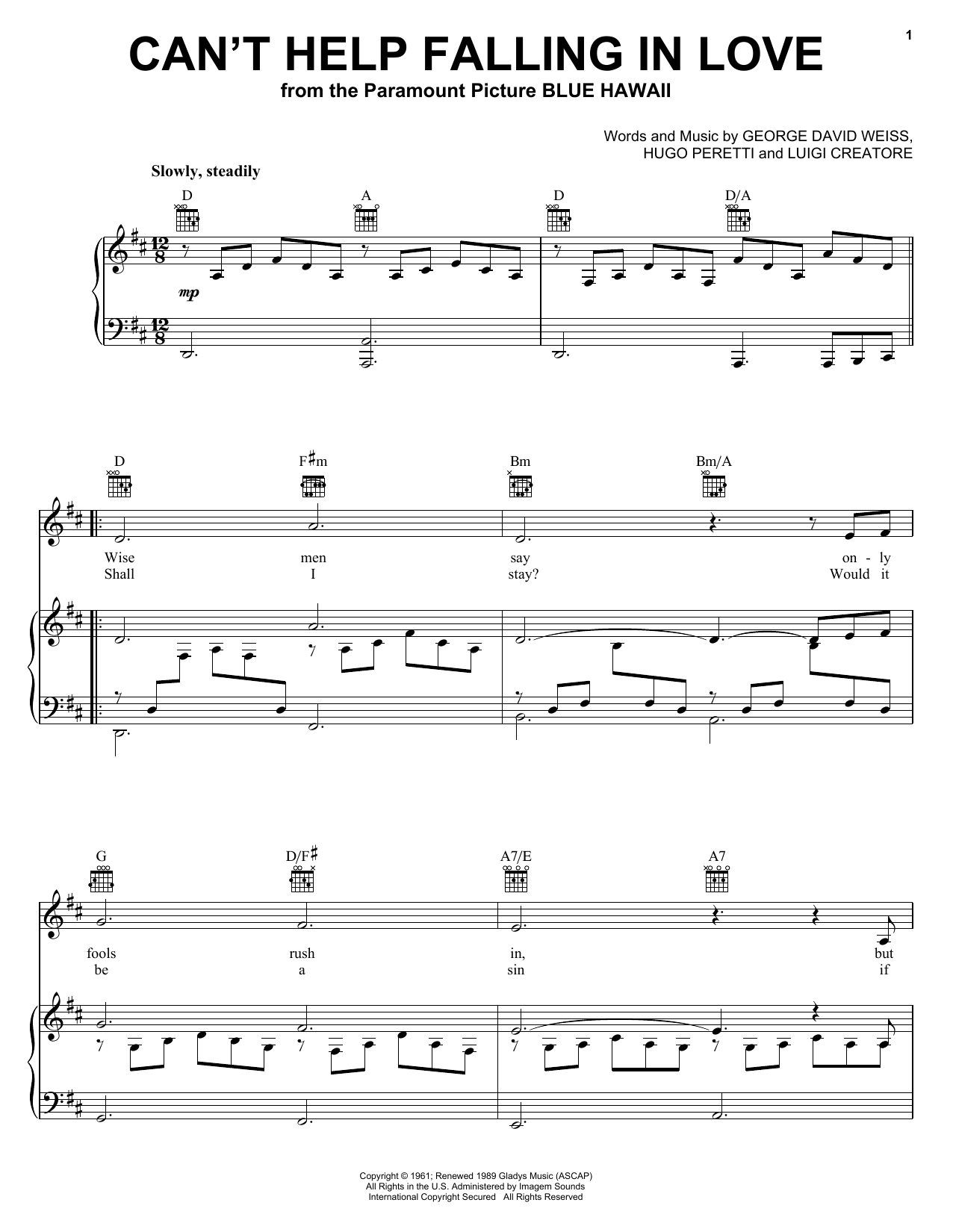 Elvis Presley Can't Help Falling In Love sheet music preview music notes and score for Guitar Tab including 3 page(s)