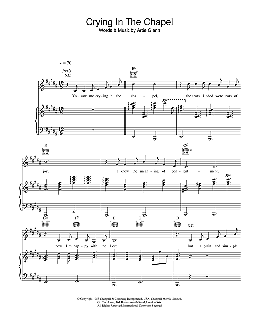 Learn to play Elvis Presley Crying In The Chapel sheet music for Piano, Vocal & Guitar in minutes. Elvis Presley Crying In The Chapel sheet music notes and chords