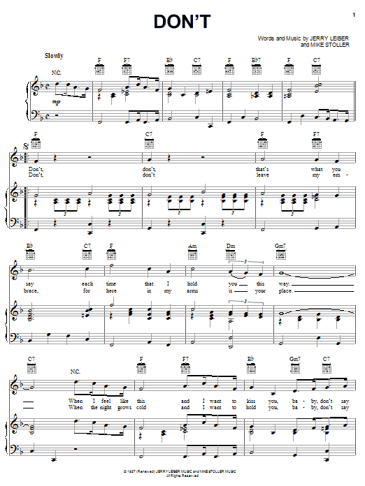 Learn to play Elvis Presley Don't sheet music for Piano, Vocal & Guitar (Right-Hand Melody) in minutes. Elvis Presley Don't sheet music notes and chords