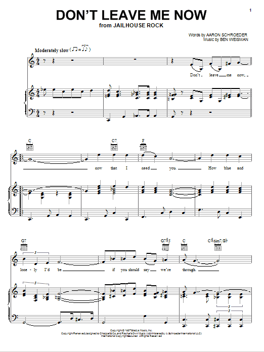 Learn to play Elvis Presley Don't Leave Me Now sheet music for Piano, Vocal & Guitar (Right-Hand Melody) in minutes. Elvis Presley Don't Leave Me Now sheet music preview music notes and score for Piano, Vocal & Guitar (Right-Hand Melody) including 3 page(s)