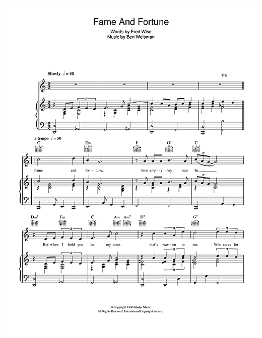 Elvis Presley Fame And Fortune Sheet Music Notes Chords Piano