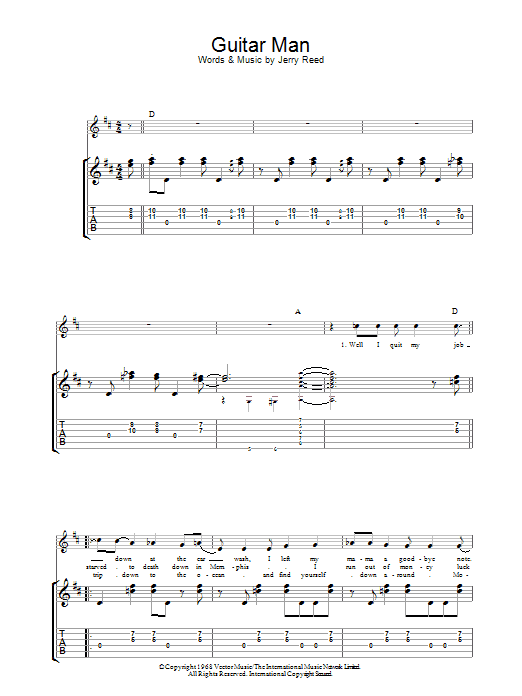Elvis Presley Guitar Man sheet music preview music notes and score for Lyrics & Chords including 3 page(s)