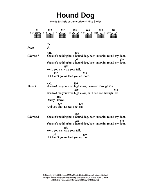 Learn to play Elvis Presley Hound Dog sheet music for Guitar Tab in minutes. Elvis Presley Hound Dog sheet music preview music notes and score for Guitar Tab including 5 page(s)