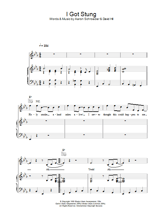 Learn to play Elvis Presley I Got Stung sheet music for Piano, Vocal & Guitar (Right-Hand Melody) in minutes. Elvis Presley I Got Stung sheet music preview music notes and score for Piano, Vocal & Guitar (Right-Hand Melody) including 3 page(s)