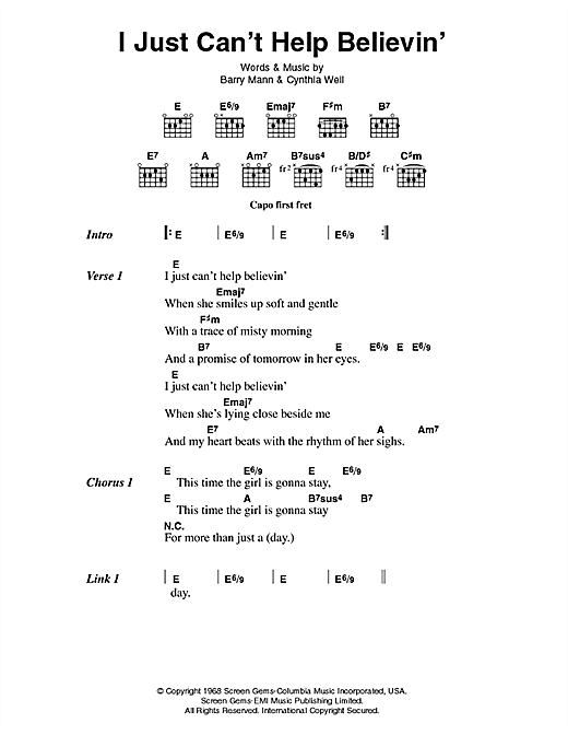 Elvis Presley I Just Can't Help Believin' sheet music preview music notes and score for Lyrics & Chords including 3 page(s)