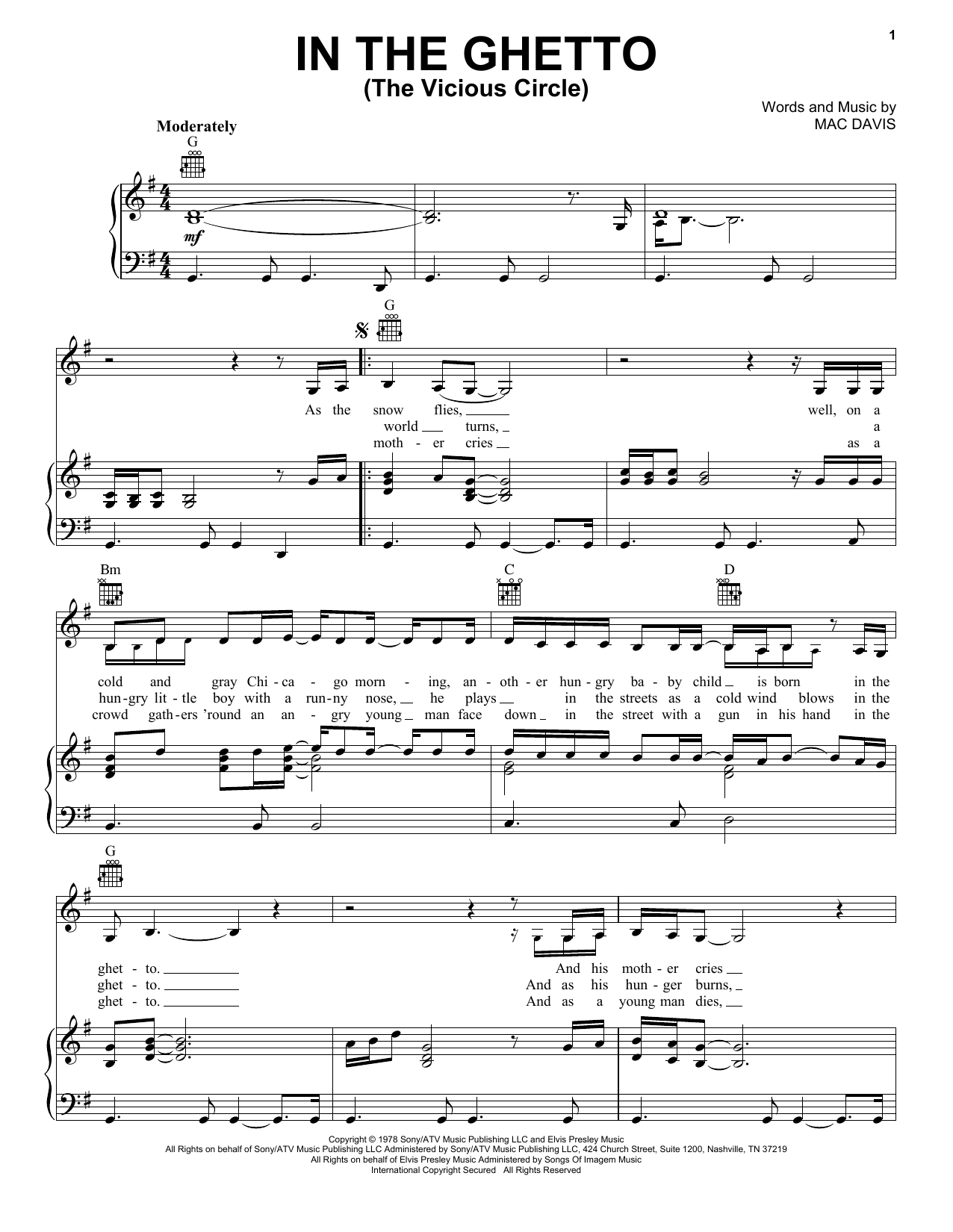 Elvis Presley In The Ghetto (The Vicious Circle) sheet music preview music notes and score for Piano, Vocal & Guitar (Right-Hand Melody) including 5 page(s)